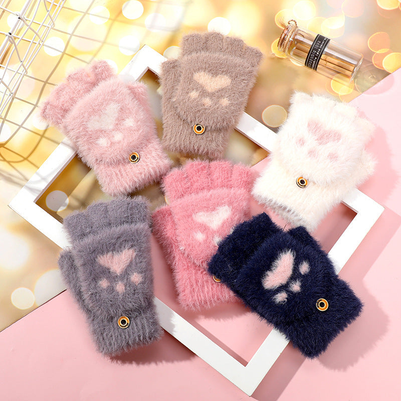 Cute Animal Paw Fingerless Gloves Plush Winter Mittens