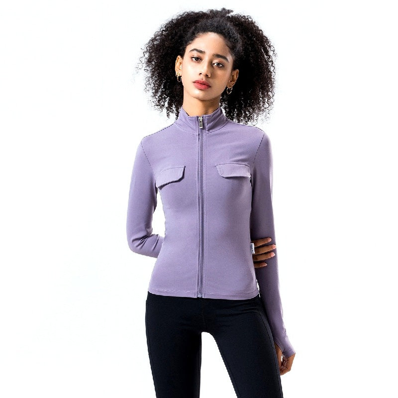 Autumn Winter Yoga Suit Long Sleeve Zipper Cardigan Fake Pocket Work Clothes Sports Bodybuilding Casual Coat Nylon