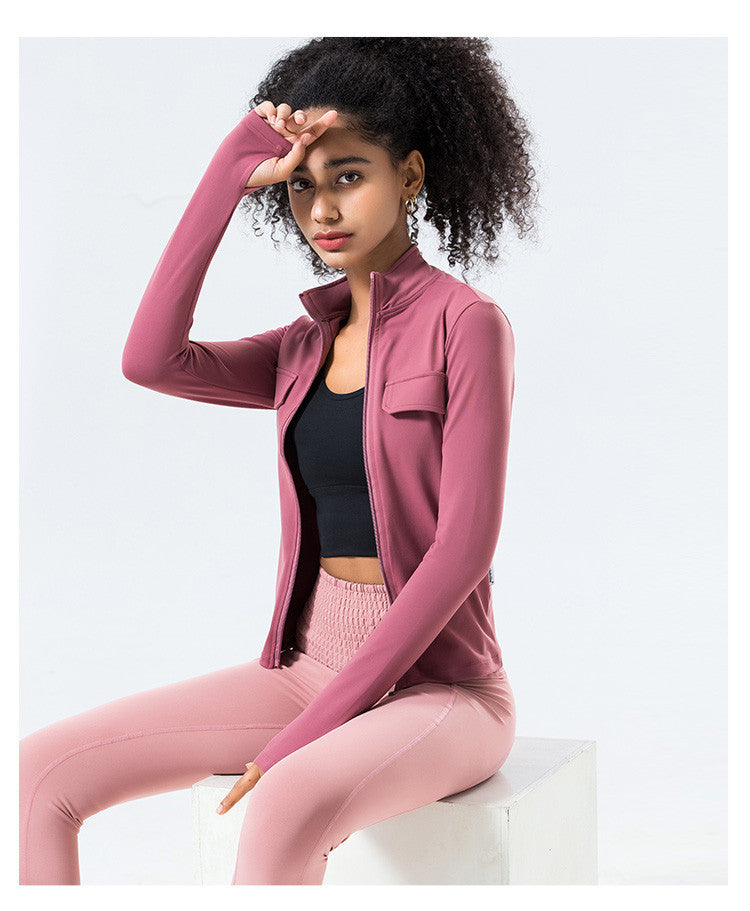 Autumn Winter Yoga Suit Long Sleeve Zipper Cardigan Fake Pocket Work Clothes Sports Bodybuilding Casual Coat Nylon