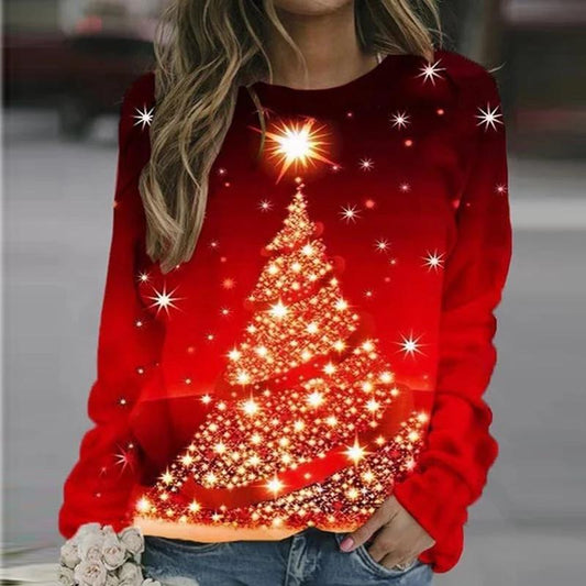 Christmas Printed Round Neck Pullover Long Sleeve Fleece Sweater Woman