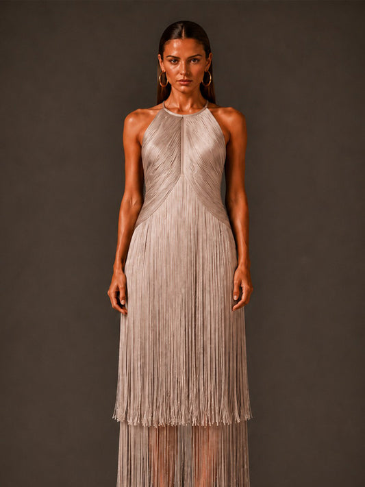 Camilla Sleeveless Bandage Midi Dress with Fringes In Apricot