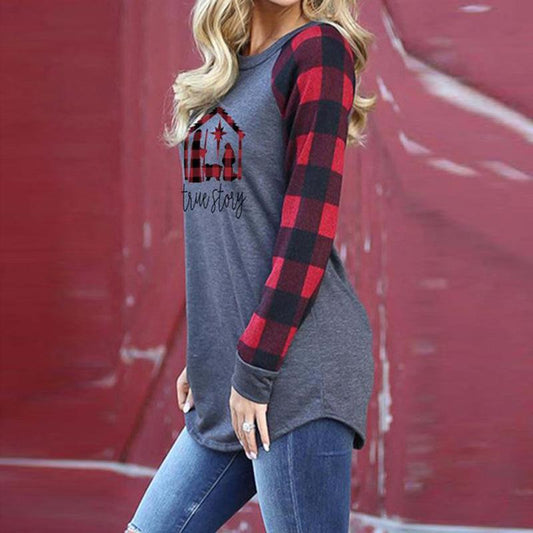 Women'S Plaid Stitching Letter Printing Long-Sleeved Casual Sweater T-Shirt