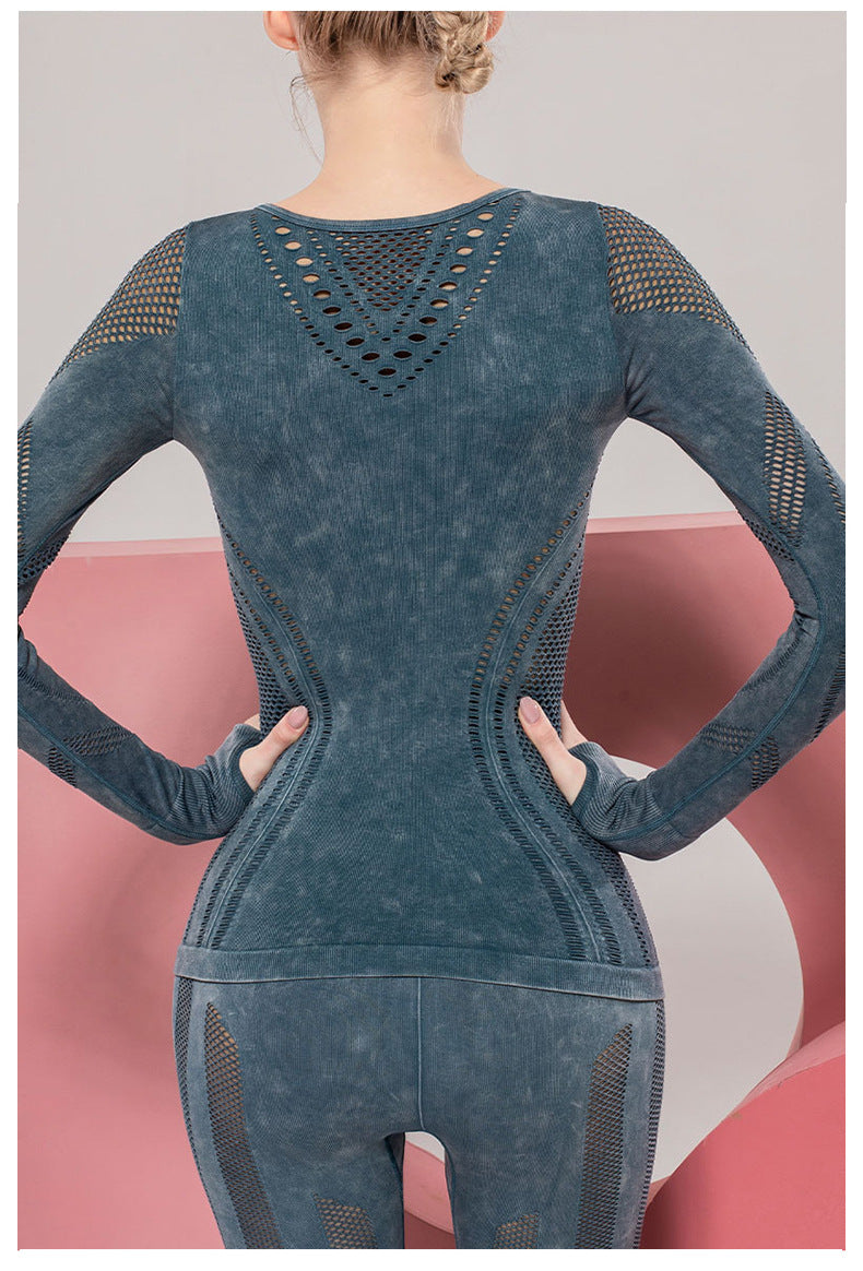 Solid Color Seamless Washing Sports And Leisure Long-Sleeved Shirt Openwork Tight Printed Yoga Clothes Top