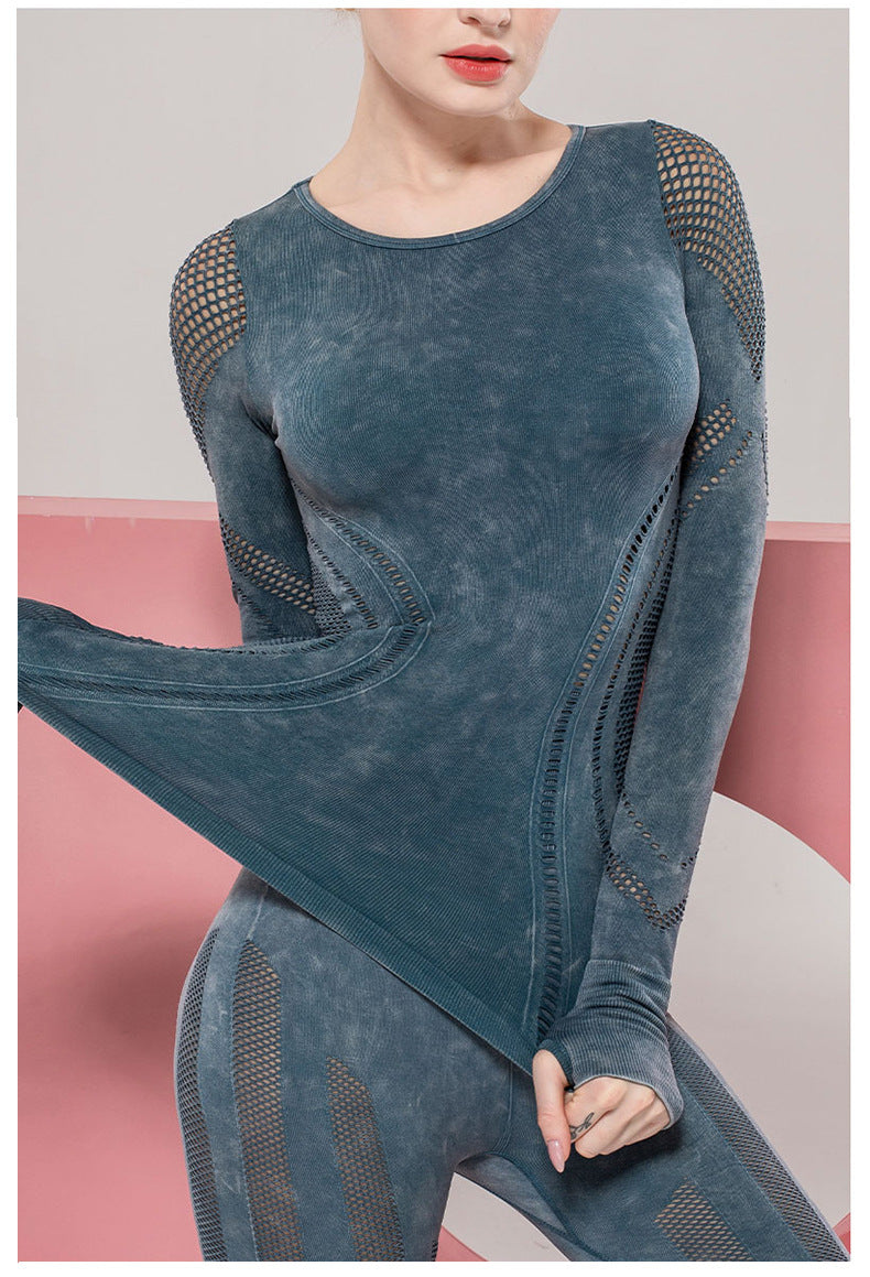 Solid Color Seamless Washing Sports And Leisure Long-Sleeved Shirt Openwork Tight Printed Yoga Clothes Top