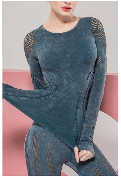 Solid Color Seamless Washing Sports And Leisure Long-Sleeved Shirt Openwork Tight Printed Yoga Clothes Top