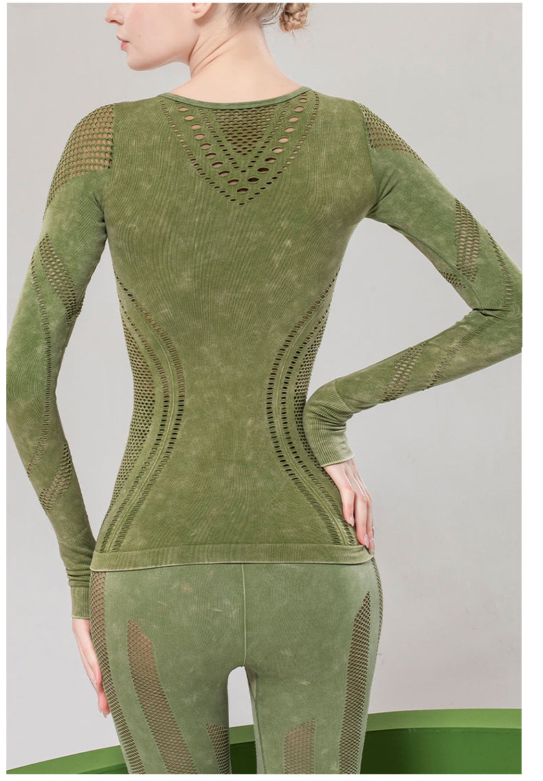 Solid Color Seamless Washing Sports And Leisure Long-Sleeved Shirt Openwork Tight Printed Yoga Clothes Top