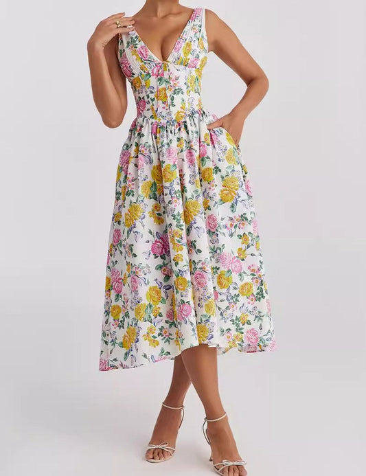 V-Neck Slim Sleeveless Floral Print Midi Dress