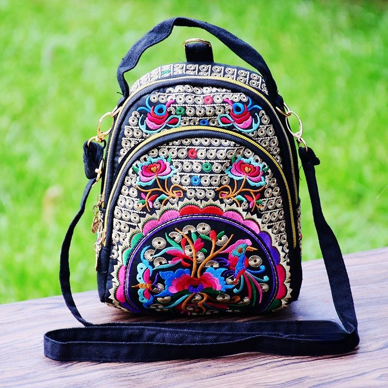New National Style Multi-Function Diagonal Single Shoulder Portable Double Shoulder Canvas Embroidery Flower Bag
