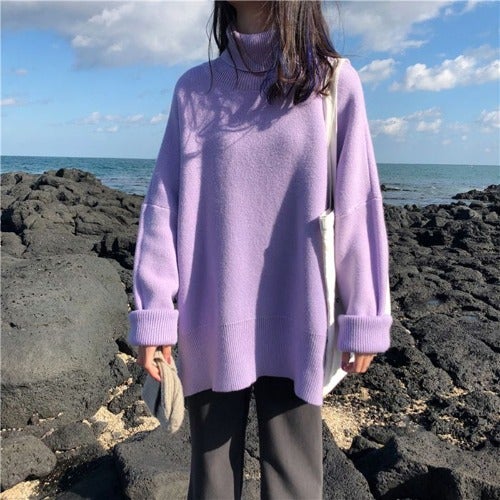 Black Turtleneck Sweater Women Fall/Winter Loose Pullover All-Match Solid Color Thick Outer Wear Sweater