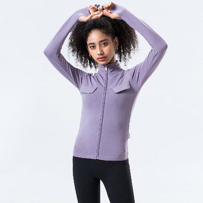Autumn Winter Yoga Suit Long Sleeve Zipper Cardigan Fake Pocket Work Clothes Sports Bodybuilding Casual Coat Nylon