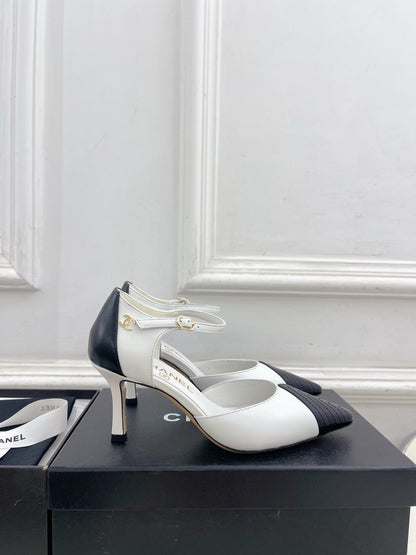 CC 26 SS Double C Slingback 7.5cm Black White Calfskin 586935