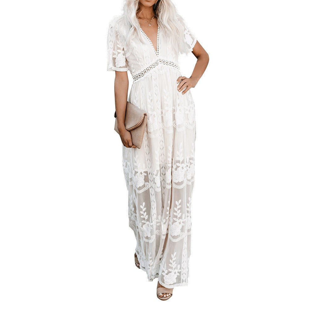 Lace Dress Sexy V-Neck Embroidered Solid Color Maxi Dress