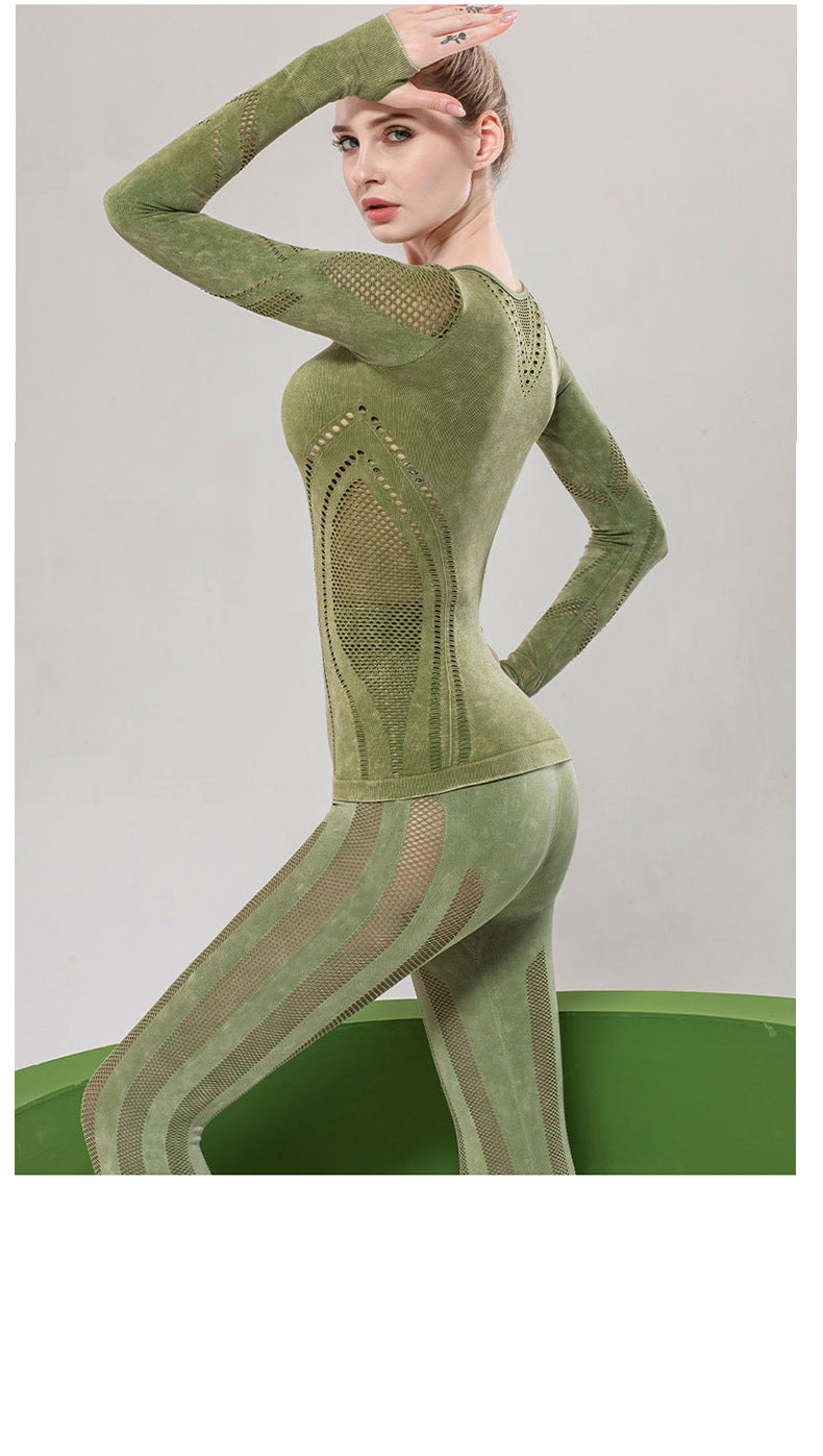 Solid Color Seamless Washing Sports And Leisure Long-Sleeved Shirt Openwork Tight Printed Yoga Clothes Top