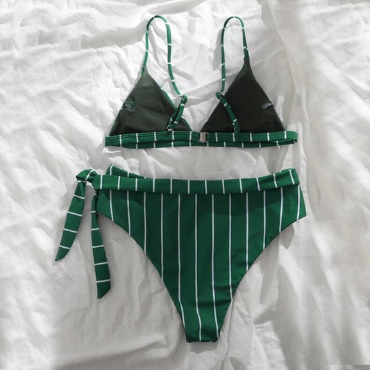 Striped Crossband Swimwear Sexy Backpiece High Waist Bikini