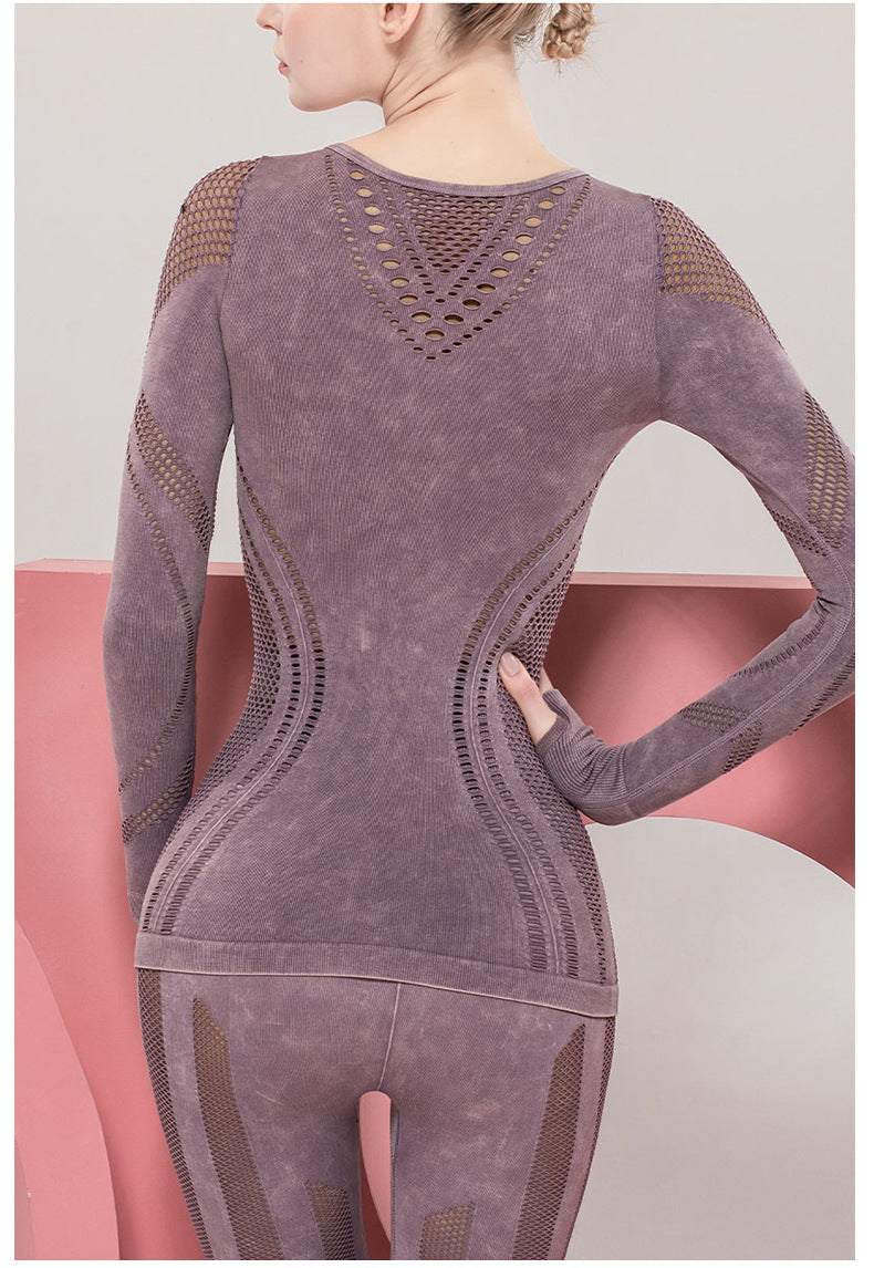 Solid Color Seamless Washing Sports And Leisure Long-Sleeved Shirt Openwork Tight Printed Yoga Clothes Top