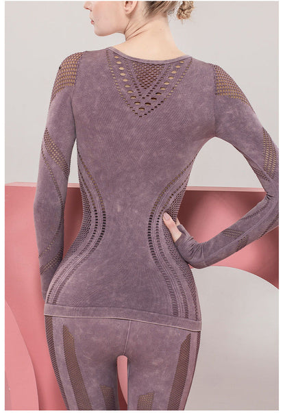 Solid Color Seamless Washing Sports And Leisure Long-Sleeved Shirt Openwork Tight Printed Yoga Clothes Top