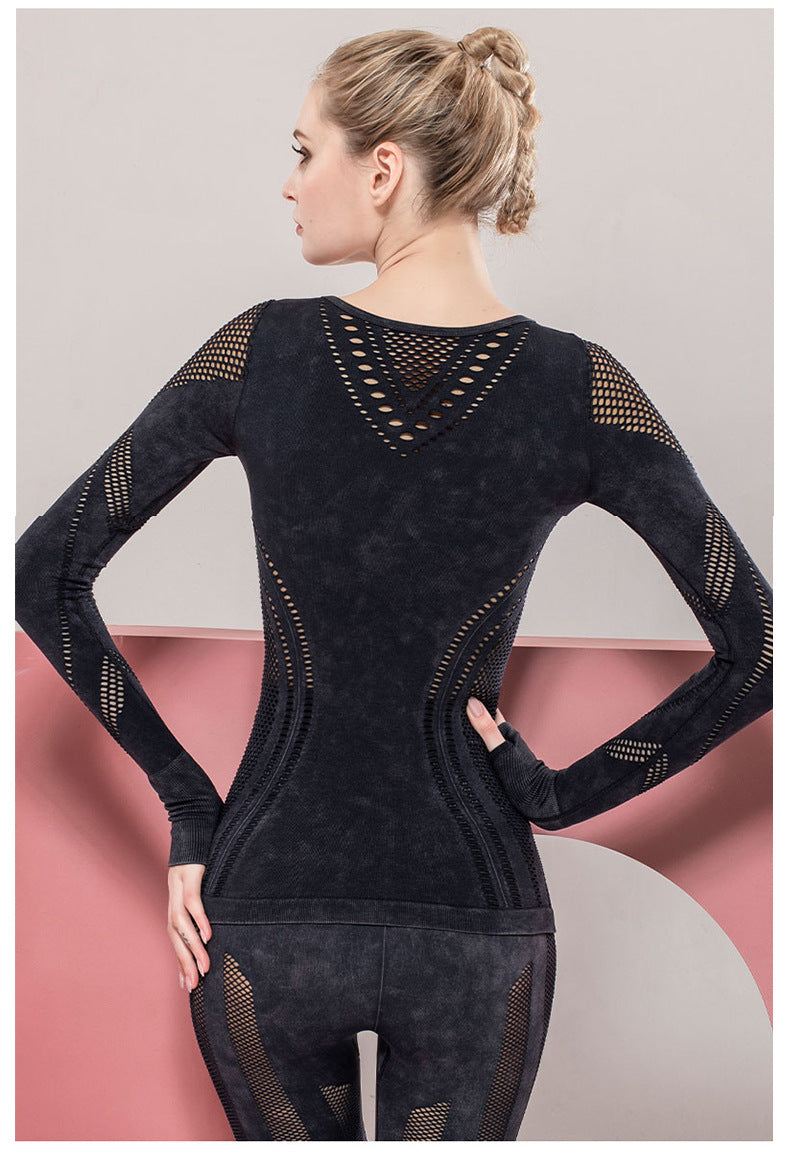 Solid Color Seamless Washing Sports And Leisure Long-Sleeved Shirt Openwork Tight Printed Yoga Clothes Top