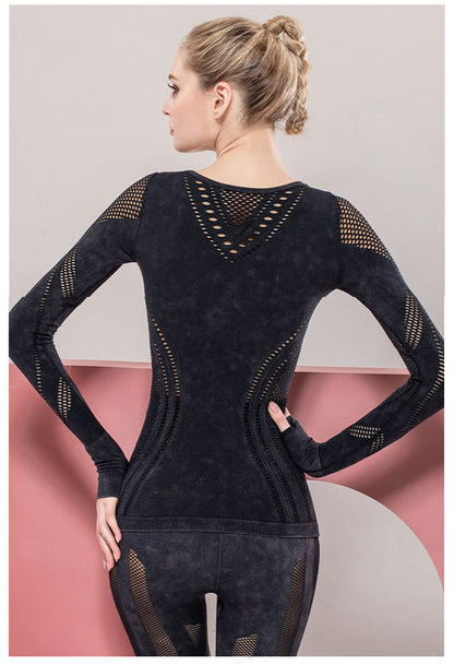 Solid Color Seamless Washing Sports And Leisure Long-Sleeved Shirt Openwork Tight Printed Yoga Clothes Top