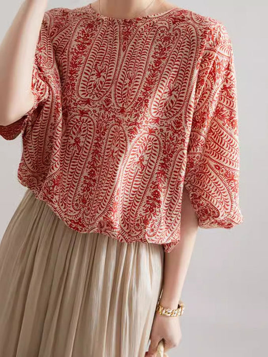 Batwing Sleeves Bow-Embellished Floral Printed Round-Neck Blouses&Shirts Tops