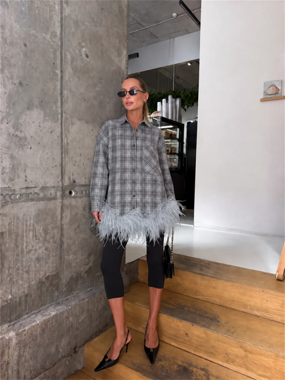 Kaelin Plaid Feather Trim Mini Shirt Dress In Black