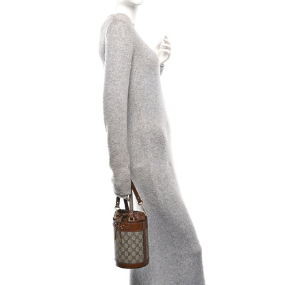 GG Supreme Monogram Azalea Sakai Calfskin Small Horsebit 1955 Drawstring Bucket Bag Beige Ebony Brown Sugar