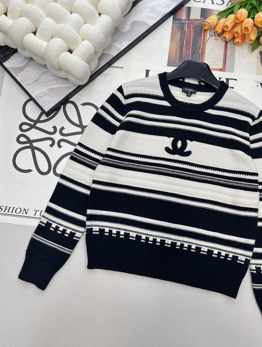 CC 26 Striped Plush Letter Knit Sweater Black White Wool 785169