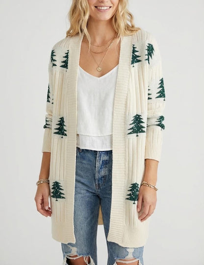 Trendy Embroidery Christmas Tree Knit Long Cardigan