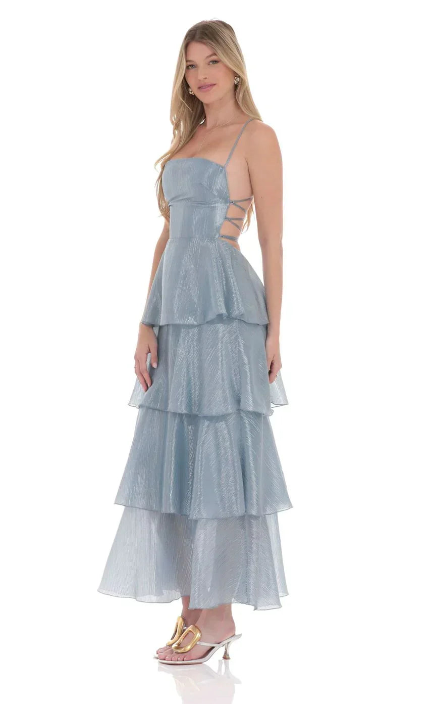 Crinkle Sheen Maxi Dress in Slate Blue
