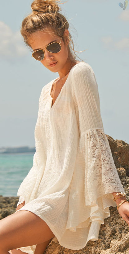 Women'S V-Neck Loose Plus Size Trumpet Sleeve Dress In Europe And America