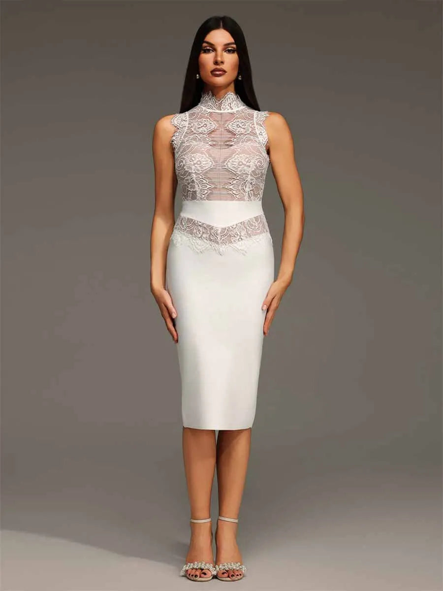 Delilah Stand Collar Lace Bandage Mini Dress