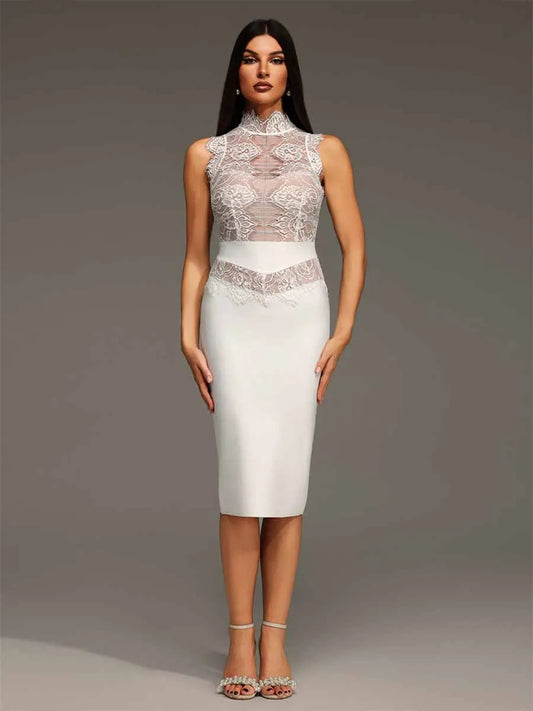 Delilah Stand Collar Lace Bandage Mini Dress