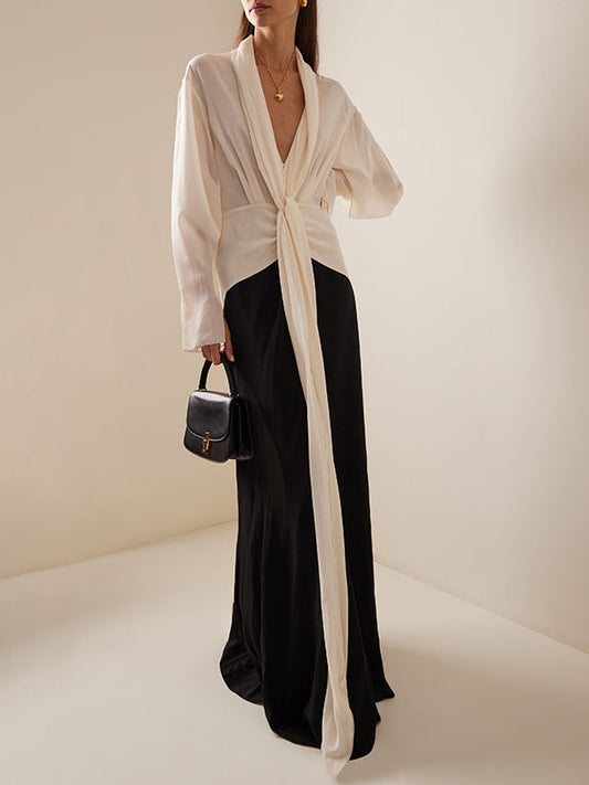 Long Sleeves Loose Contrast Color V-neck Evening Dresses Maxi Dresses