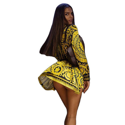 Spring And Summer New Bohemian Style Positioning Print Tie With Long-Sleeved Shirt Jumpsuit Skirt