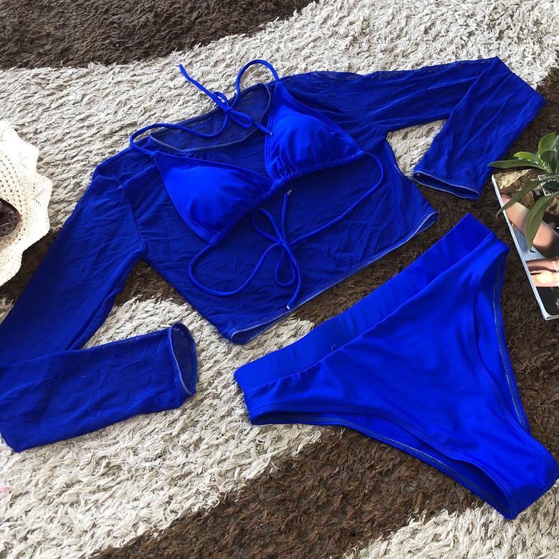 New Hot Spring Sexy Split Swimsuit Three-Piece Transparent Mesh