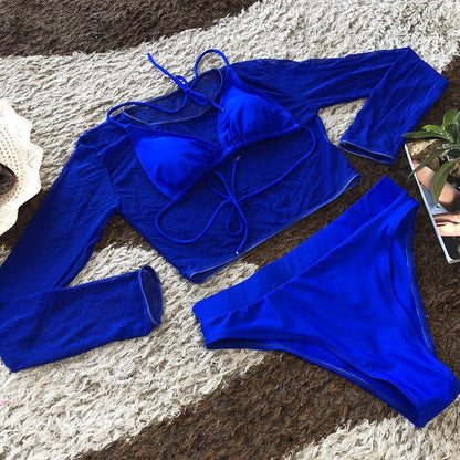 New Hot Spring Sexy Split Swimsuit Three-Piece Transparent Mesh