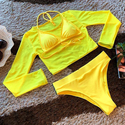 New Hot Spring Sexy Split Swimsuit Three-Piece Transparent Mesh