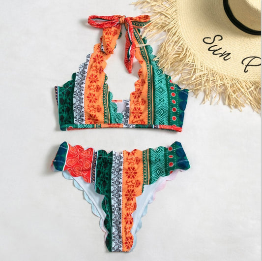 Printed High-Waisted Sexy Bikini Split Swimsuit Girl