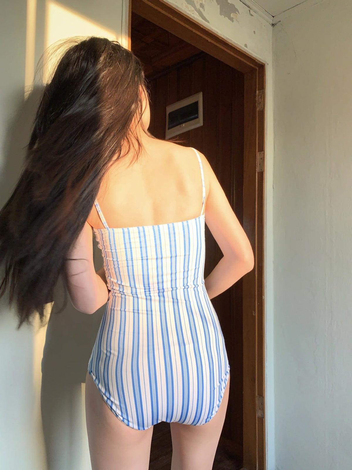 New Striped One-Piece Swimsuit Women'S Simple Ins Style Strapless Girls' Hot Spring Swimsuit