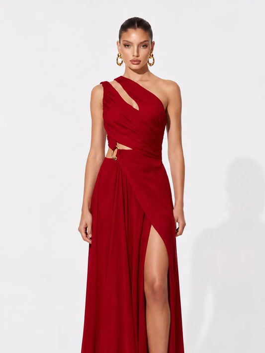 Nora Pleated Cut-Out One-Shoulder Maxi Dress