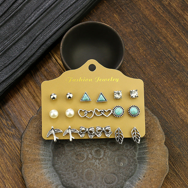 Silver Heart Leaf Turquoise Earrings Set for Women