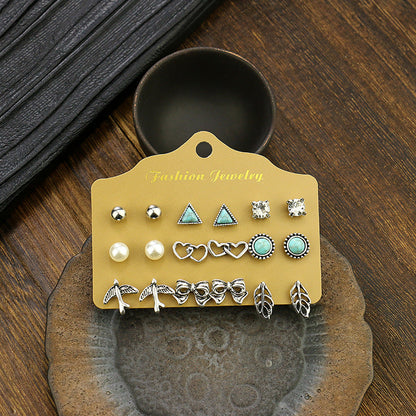 Silver Heart Leaf Turquoise Earrings Set for Women