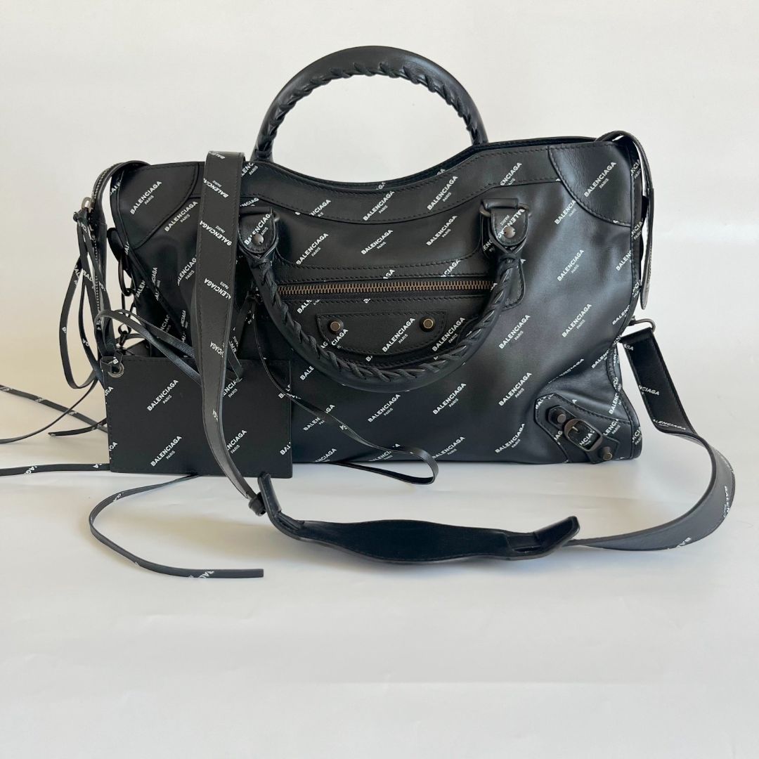 Balenciaga All Over Logo print calfskin large city bag