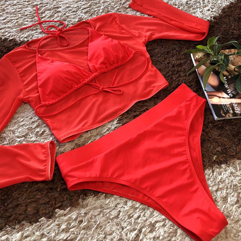 New Hot Spring Sexy Split Swimsuit Three-Piece Transparent Mesh