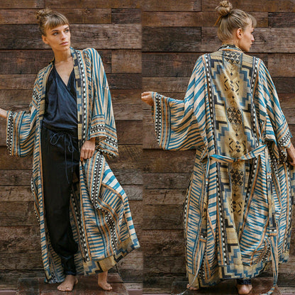 New Green Geometric Cardigan Loose Plus Size Beach Sunscreen Coat Bikini Blouse Swimsuit With Women Outside