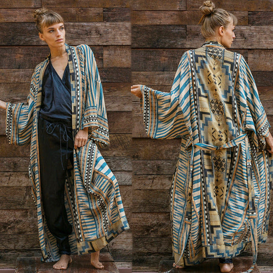 New Green Geometric Cardigan Loose Plus Size Beach Sunscreen Coat Bikini Blouse Swimsuit With Women Outside