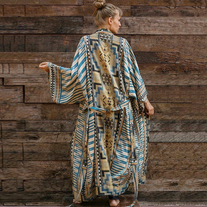 New Green Geometric Cardigan Loose Plus Size Beach Sunscreen Coat Bikini Blouse Swimsuit With Women Outside