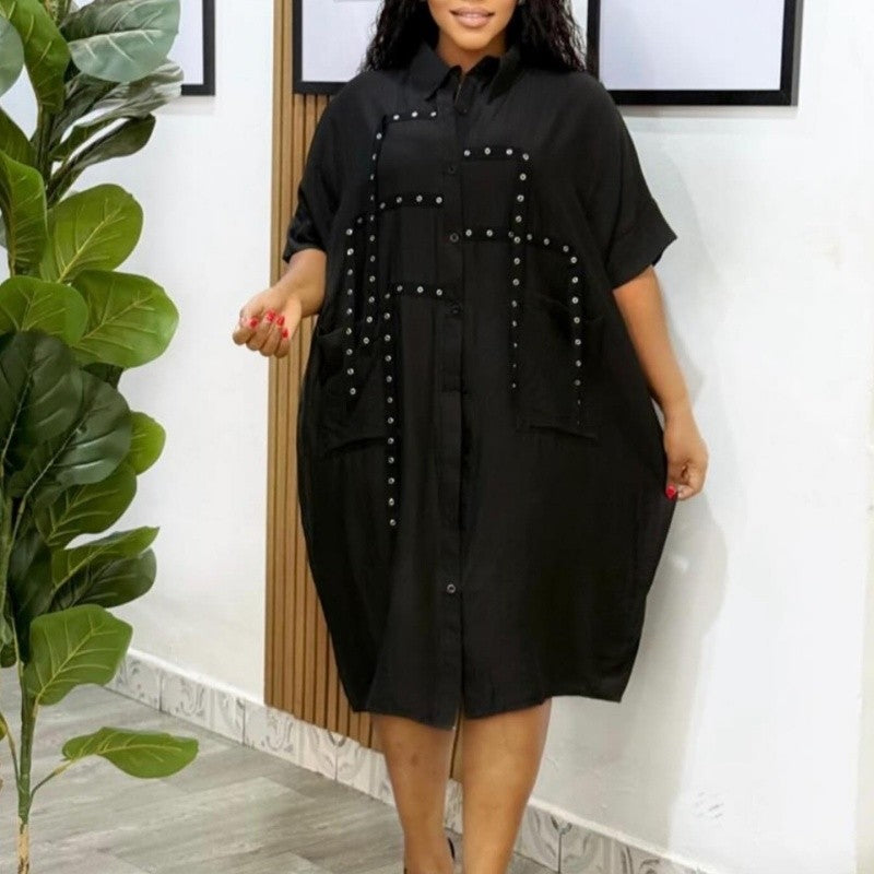 Loose Collar Short Sleeve Midi Shirt Dress