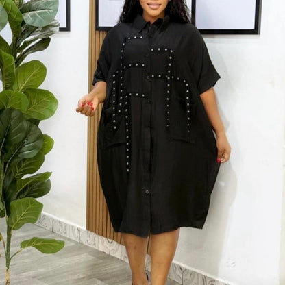 Loose Collar Short Sleeve Midi Shirt Dress