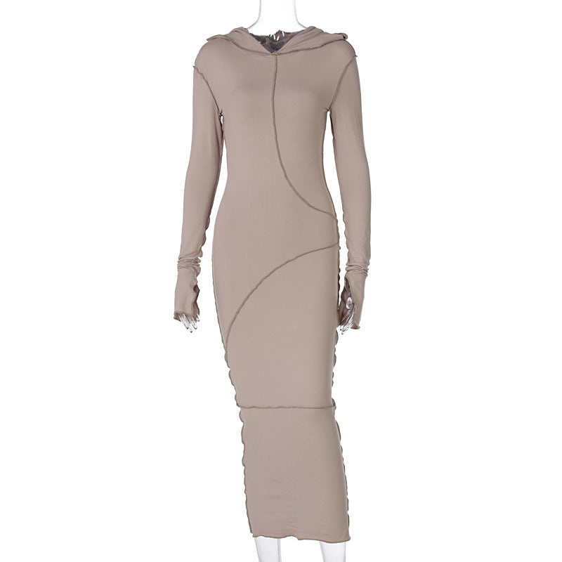 Hooded Long Sleeve Bodycon Dress Casual Solid Color