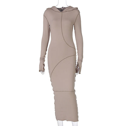 Hooded Long Sleeve Bodycon Dress Casual Solid Color